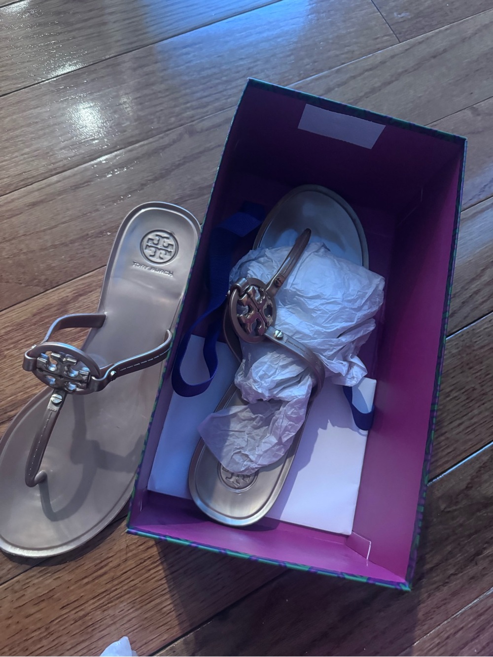 Tory Burch Metallic Taupe Logo Thong Sandals